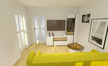 Współczesny salon z żółtą sofą, telewizorem i białymi meblami.