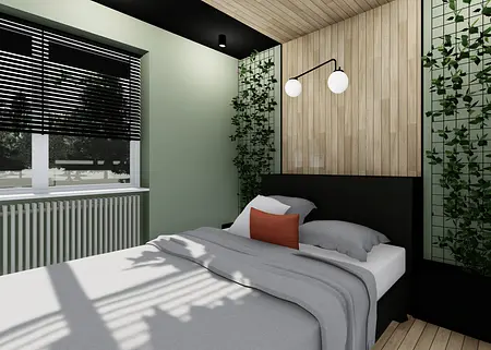 Sypialnia w stylu skandynawskim z drewnianymi detalami i roślinnością.