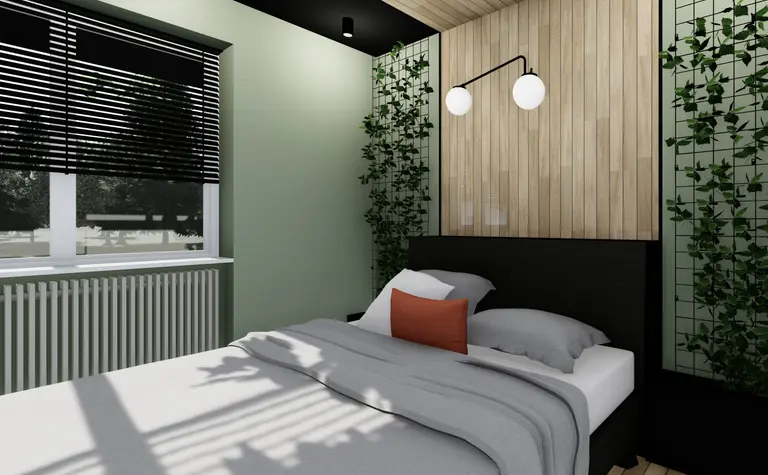 Sypialnia w stylu skandynawskim z drewnianymi detalami i roślinnością.