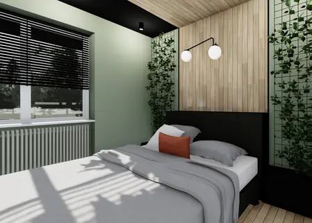 Sypialnia w stylu skandynawskim z drewnianymi detalami i roślinnością.