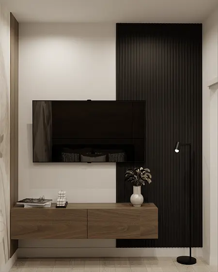 Wnętrze z telewizorem, drewnianą szafką i lampą w nowoczesnym stylu.