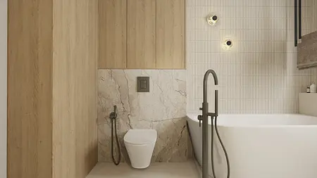Nowoczesna łazienka w stylu boho, glamour, japandi, minimalistycznym z drewnem i wanną.