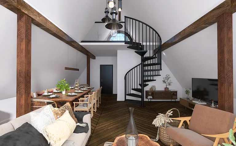 Wnętrze z spiralnymi schodami, drewnianym stołem i nowoczesnymi lampami w stylu industrialnym.