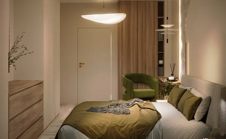 Sypialnia w stylu boho i eklektycznym z zieloną sofą i drewnianymi elementami.