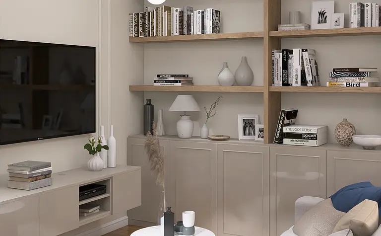 Nowoczesny salon z szarymi meblami i stylową lampą, dekoracje na półkach.