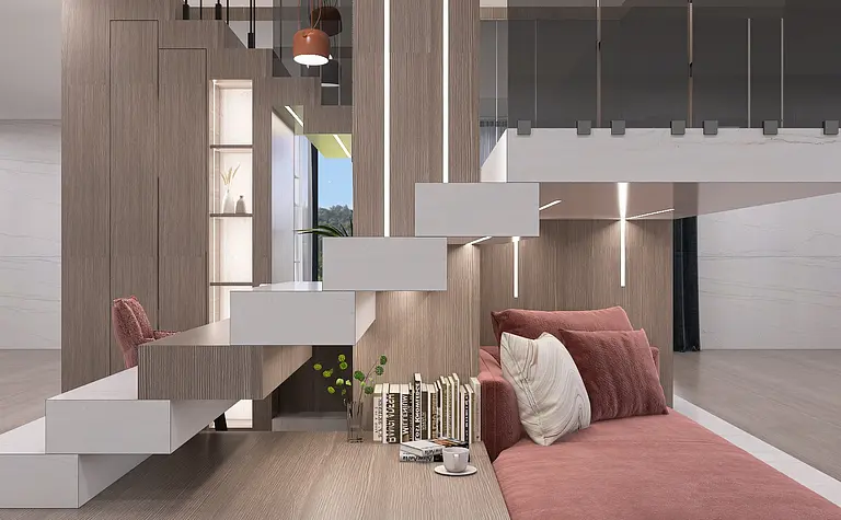 Wnętrze minimalistyczne z nowoczesną sofą, drewnianymi schodami i stylowymi lampami.
