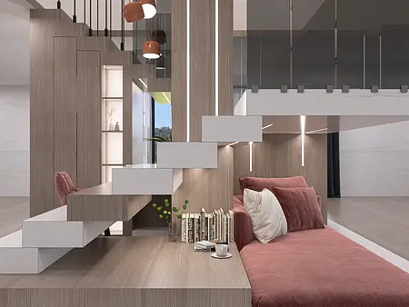 Wnętrze minimalistyczne z nowoczesną sofą, drewnianymi schodami i stylowymi lampami.