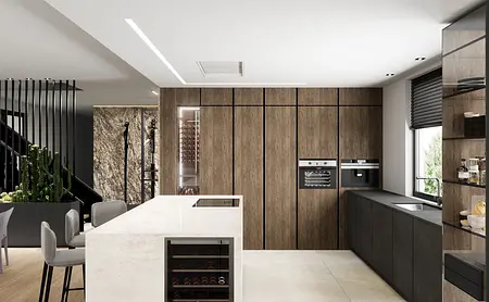 Nowoczesna kuchnia w stylu minimalistycznym z drewnianymi meblami i marmurowym blatem.