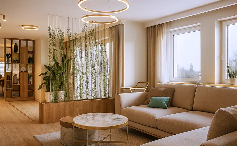 Wnętrze salonu w stylu boho, glamour i minimalistycznym z dużymi oknami.