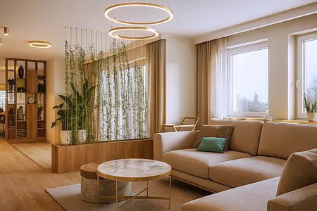 Wnętrze salonu w stylu boho, glamour i minimalistycznym z dużymi oknami.