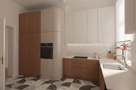 Kuchnia w stylu eklektycznym z drewnianymi meblami i nowoczesnym wyposażeniem.
