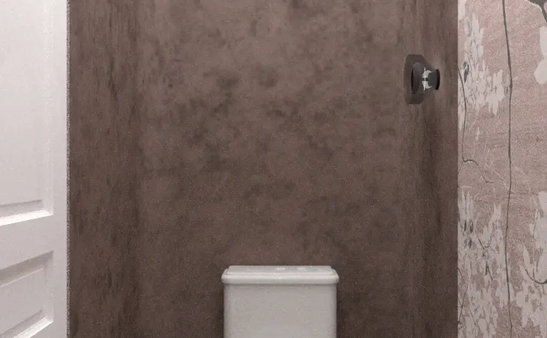 Toaleta z brązowymi ścianami, białą armaturą i podłogą w stylu art deco, minimaluxe i quiet luxury.
