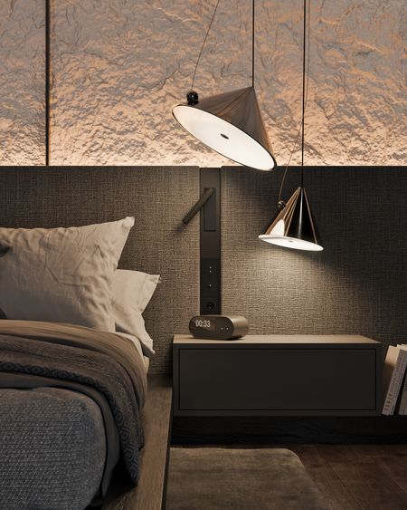 Sypialnia z minimalistycznym wystrojem, industrialnymi lampami i tłem w stylu quiet luxury.