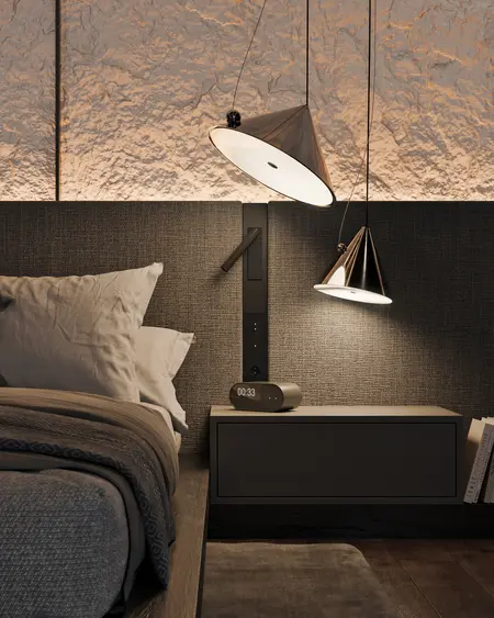 Sypialnia z minimalistycznym wystrojem, industrialnymi lampami i tłem w stylu quiet luxury.
