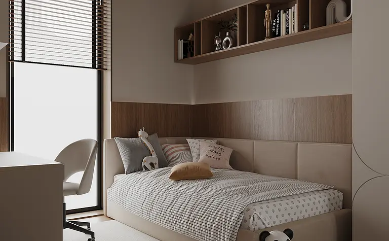 Pokój dziecięcy w stylu minimalistycznym z meblami quiet luxury i współczesnymi akcentami.