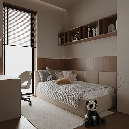 Pokój dziecięcy w stylu minimalistycznym z meblami quiet luxury i współczesnymi akcentami.