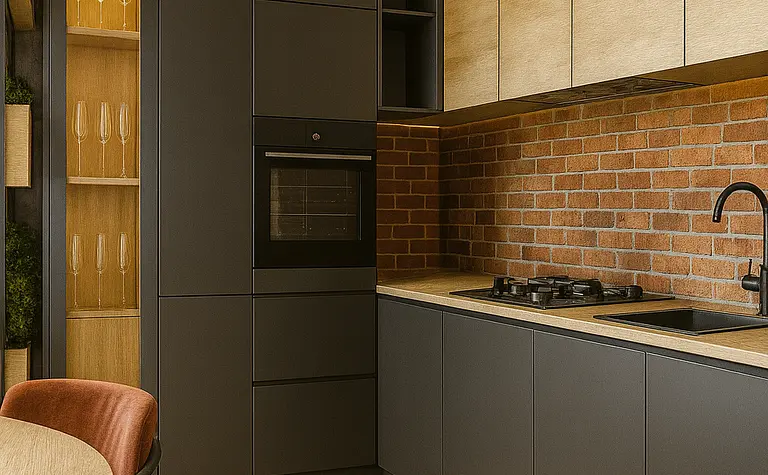 Kuchnia w stylu industrialnym z czarnymi meblami i ceglaną ścianą.