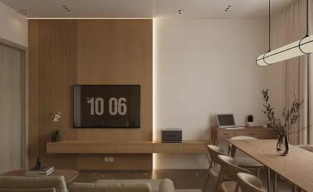 Wnętrze salonu w stylu industrialnym z drewnianymi akcentami i minimalistycznymi meblami.