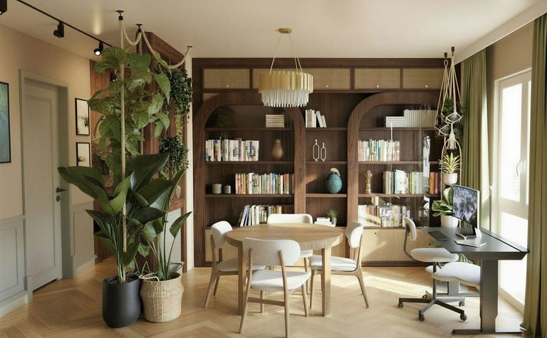 Wnętrze z półkami, stołem i roślinami w stylu art deco, eklektycznym, rustykalnym, vintage, tradycyjnym, współczesnym.