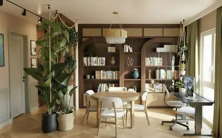 Wnętrze z półkami, stołem i roślinami w stylu art deco, eklektycznym, rustykalnym, vintage, tradycyjnym, współczesnym.