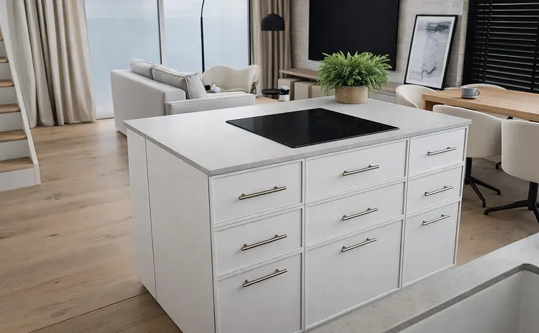 Wnętrze kuchni w stylu japandi z białymi meblami i minimalistycznym wykończeniem.