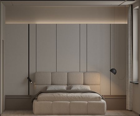 Sypialnia z beżowym łóżkiem, minimalistycznym wystrojem i jasnymi ścianami.