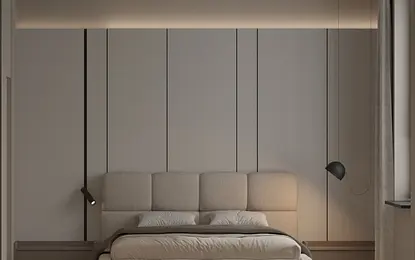 Sypialnia z beżowym łóżkiem, minimalistycznym wystrojem i jasnymi ścianami.