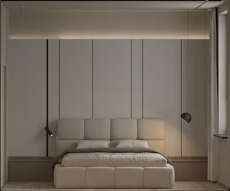 Sypialnia z beżowym łóżkiem, minimalistycznym wystrojem i jasnymi ścianami.