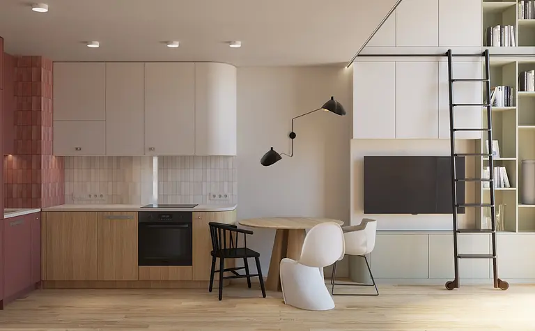 Kuchnia z eklektycznymi meblami, nowoczesnym oświetleniem i różowymi akcentami.