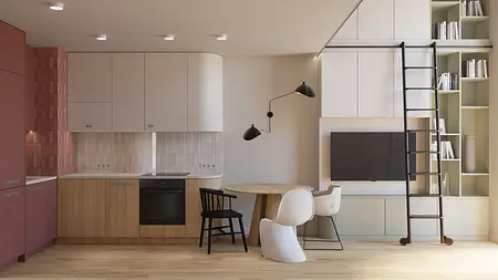 Kuchnia z eklektycznymi meblami, nowoczesnym oświetleniem i różowymi akcentami.