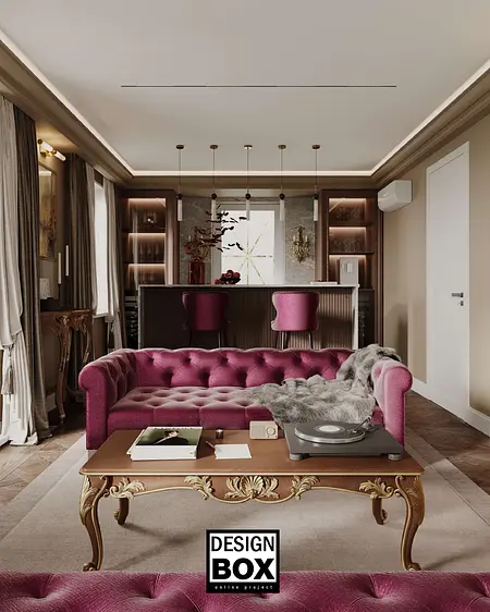 Glamour salon z różową kanapą, drewnianym stolikiem i stylowymi akcentami.