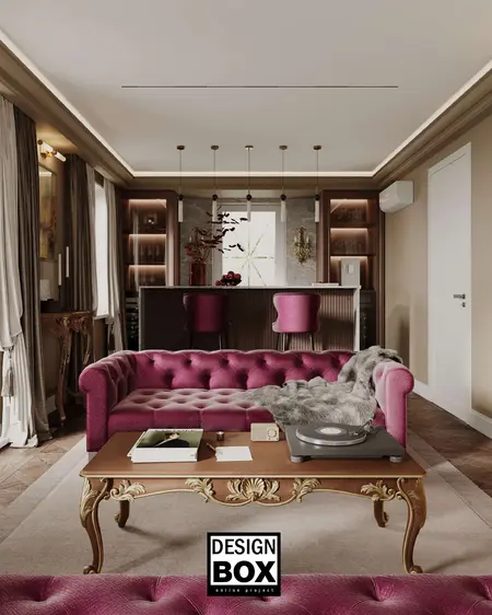 Glamour salon z różową kanapą, drewnianym stolikiem i stylowymi akcentami.