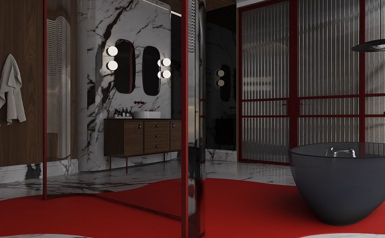 Wnętrze łazienki w stylu dopamine decor, eklektycznym i glamour z marmurowymi akcentami.