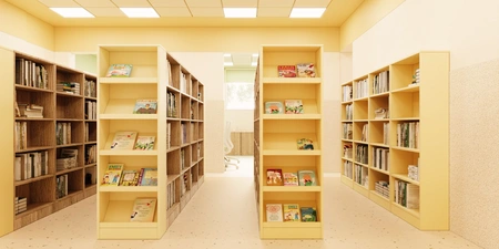 Biblioteka z żółtymi półkami, eklektyczne regały i nowoczesne meble.
