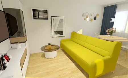 Wnętrze współczesnego pokoju dziennego z żółtą sofą, drewnianym stolikiem i dekoracjami.