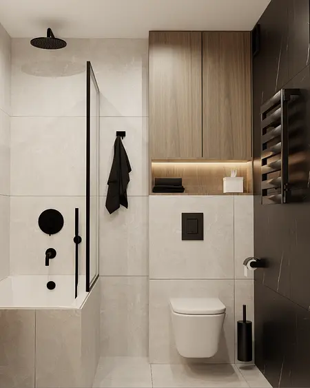 Nowoczesna łazienka z wanną, drewnianymi meblami i czarnymi dodatkami.