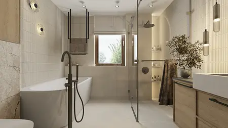 Nowoczesna łazienka w stylu boho, glamour, japandi i minimalistycznym z białymi i drewnianymi elementami.