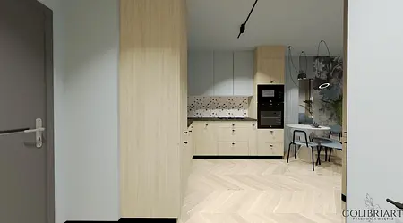 Wnętrze kuchni z drewnianymi meblami i jasnymi akcentami, styl nowoczesny.