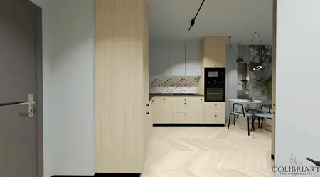 Wnętrze kuchni z drewnianymi meblami i jasnymi akcentami, styl nowoczesny.