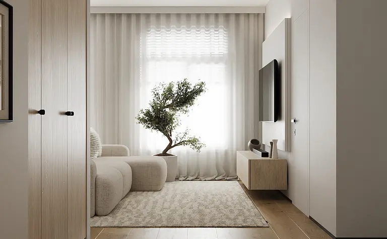 Wnętrze salonu w stylu industrialnym, japandi, minimalistycznym z rośliną i drewnianymi elementami.