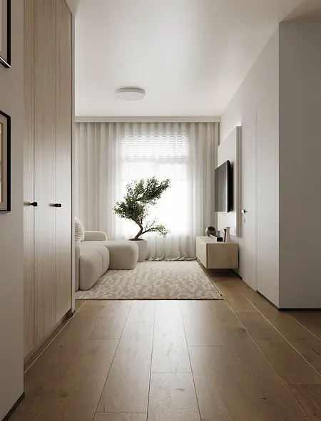 Wnętrze salonu w stylu industrialnym, japandi, minimalistycznym z rośliną i drewnianymi elementami.