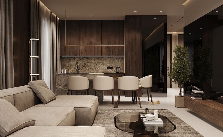 Wnętrze minimalistycznego salonu w stylu quiet luxury z nowoczesnymi elementami.