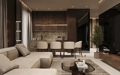 Wnętrze minimalistycznego salonu w stylu quiet luxury z nowoczesnymi elementami.