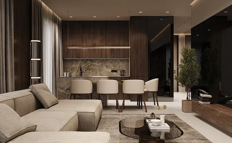 Wnętrze minimalistycznego salonu w stylu quiet luxury z nowoczesnymi elementami.