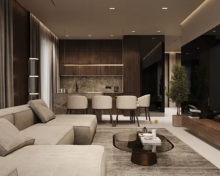 Wnętrze minimalistycznego salonu w stylu quiet luxury z nowoczesnymi elementami.