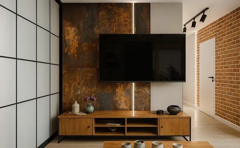 Wnętrze w stylu industrialnym z drewnianą komodą i telewizorem na tle kamiennej ściany.