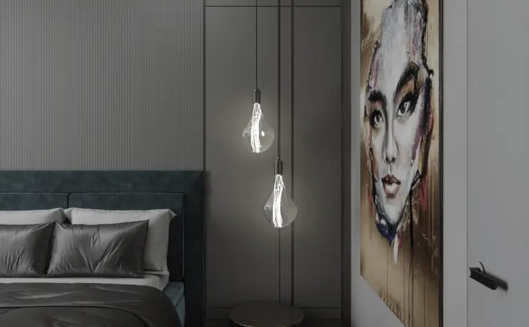 Minimalistyczna sypialnia z zielonym łóżkiem i nowoczesnymi lampami.