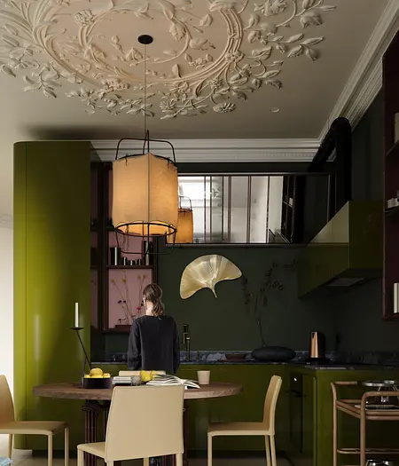 Eklektyczna kuchnia z zielonymi meblami, okrągłym drewnianym stołem i dekoracjami.