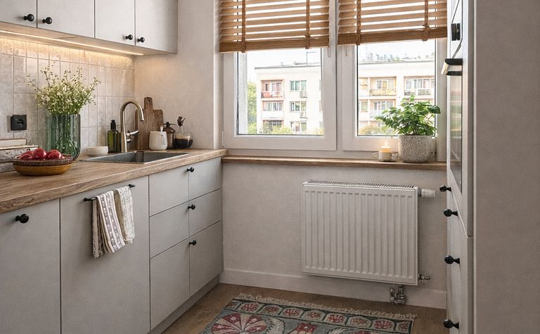 Kuchnia w stylu boho, eklektycznym i skandynawskim z drewnianymi akcentami.