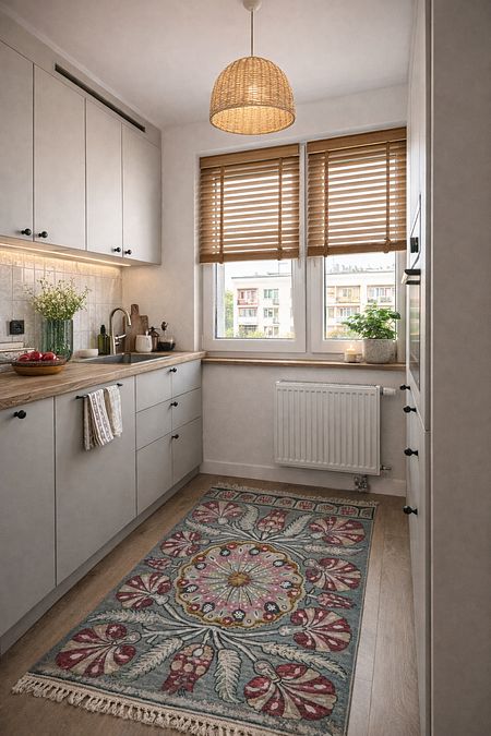 Kuchnia w stylu boho, eklektycznym i skandynawskim z drewnianymi akcentami.